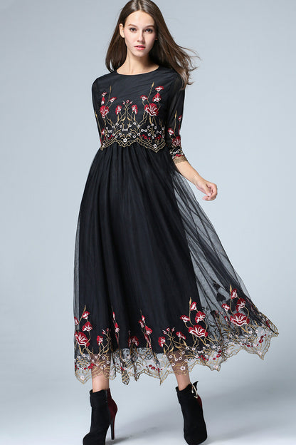 Full Net Dress with Floral Printting On Bottom - NJOYDRESS - 1