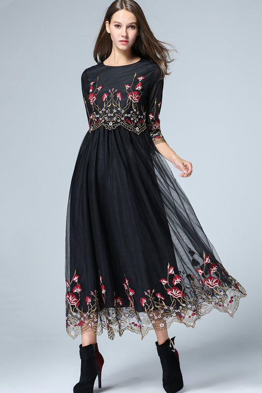 Full Net Dress with Floral Printting On Bottom - NJOYDRESS - 1