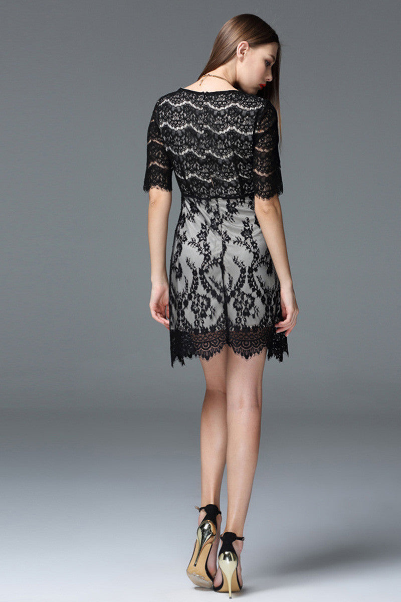 V-Neck Eyelash Lace 1/2 Sleeve Dress - NJOYDRESS - 2