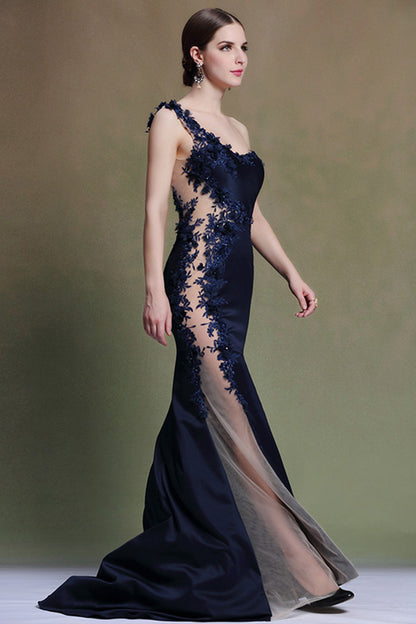 Sloping Shoulder See Through Patch Side Party Dress