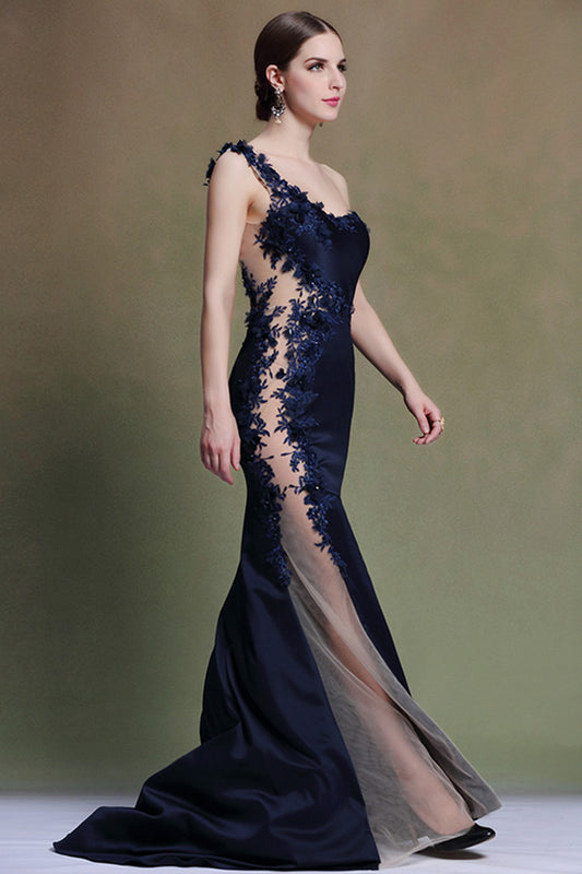 Sloping Shoulder See Through Patch Side Party Dress
