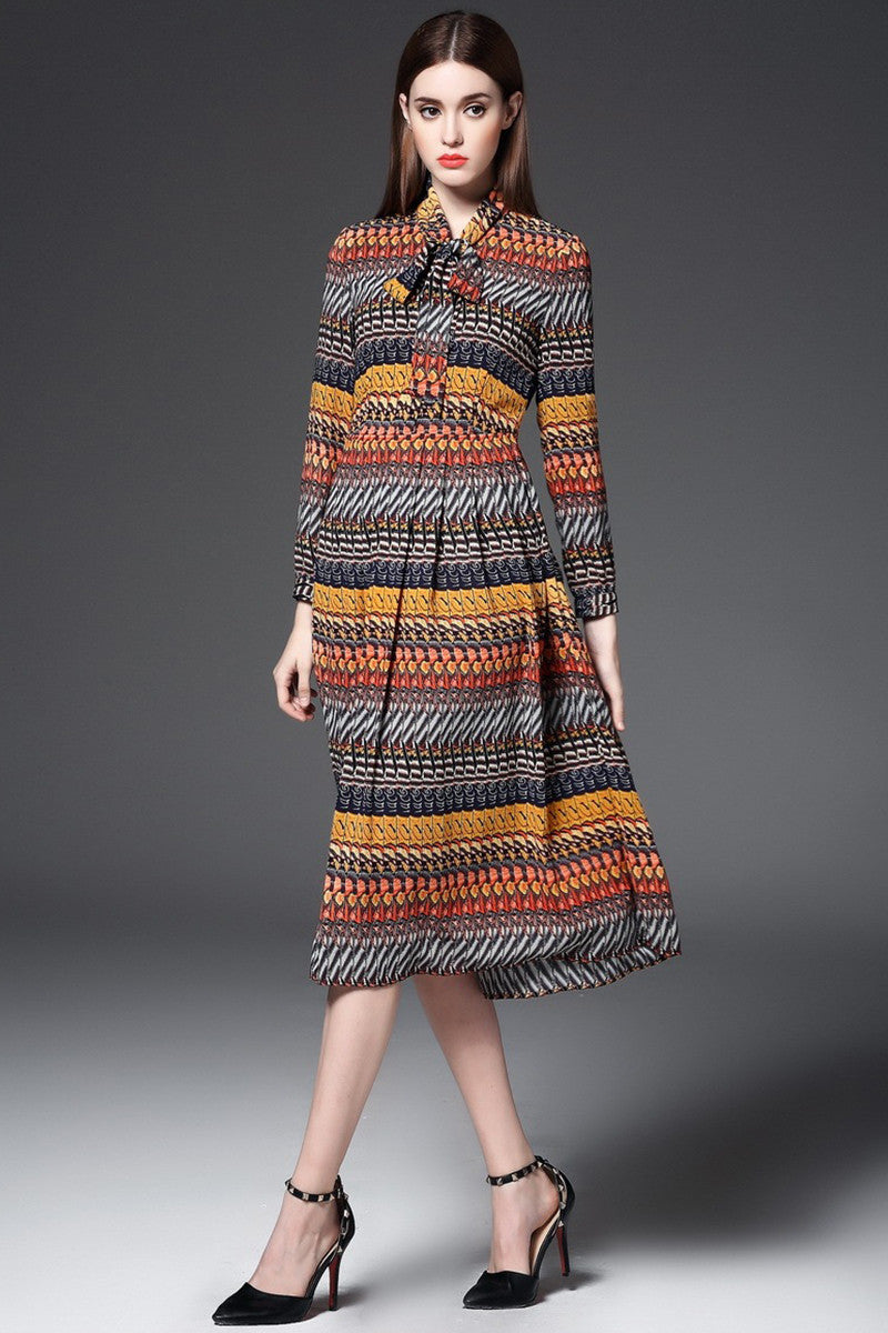 Bowknot Lacing Neck Pope Printing Swing Midi Dress