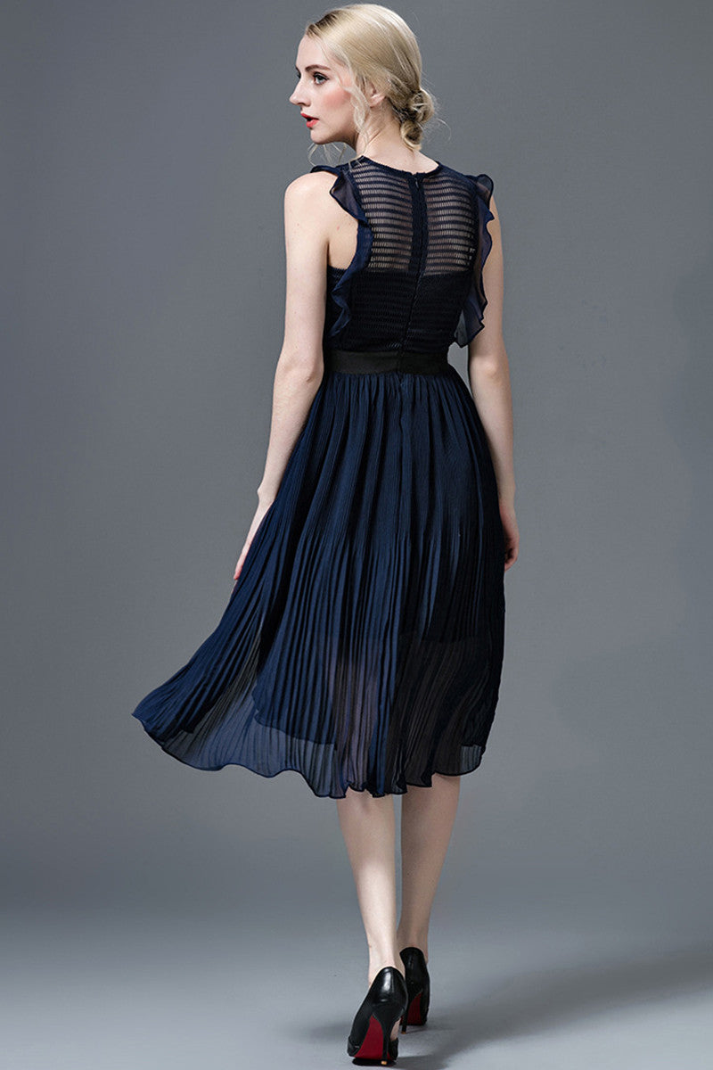 Lace-Inset Ruffle Pleated Midi Cocktail Dress