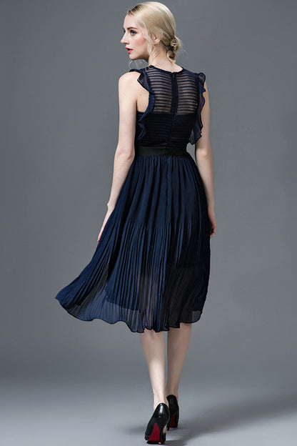 Lace-Inset Ruffle Pleated Midi Cocktail Dress