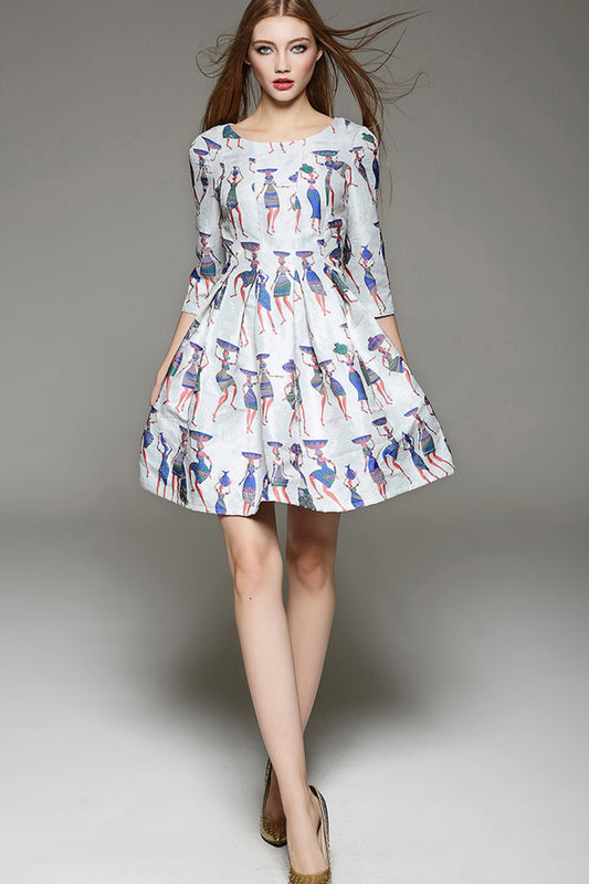 Women's Cotton Printing 3/4 Sleeve Summer Dress Casual Party Dress