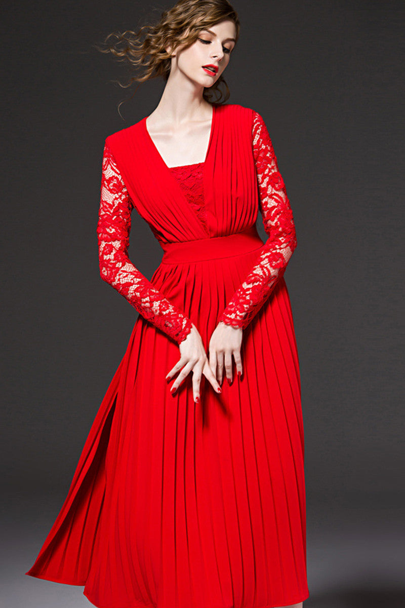 High Side Slit Deep-V Full Red Sexy Dress