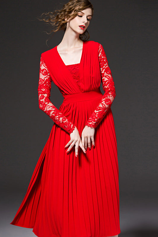 High Side Slit Deep-V Full Red Sexy Dress