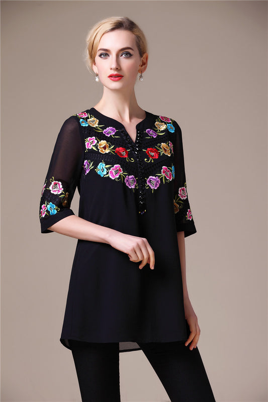 V Neck Embroidery Vintige Short T-shirt