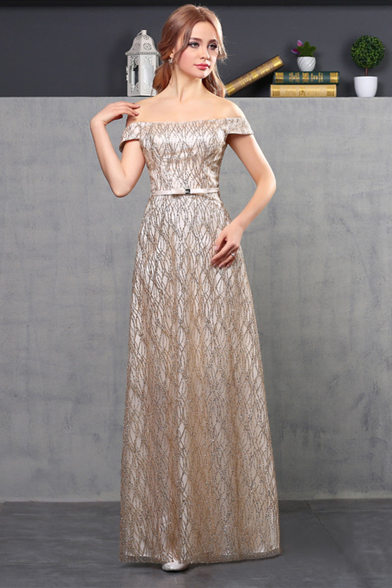 Rose Gold Gliter Off Shoulder Short Sleeve Prom Party Dress