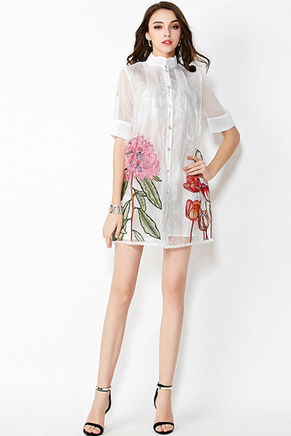 Sheer Stand Collar Flower Embroidery Grace Dress