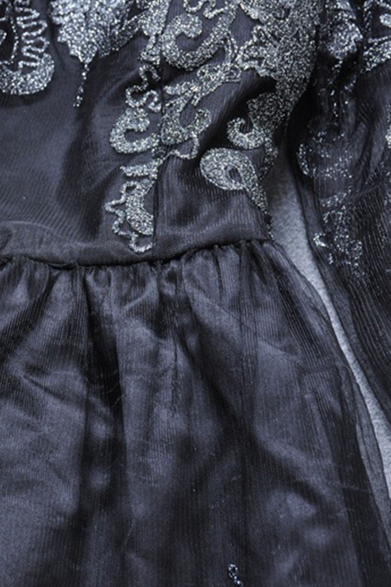 Boat Neck Mesh Patch  Embroidery Retro Slim Dress - NJOYDRESS - 2