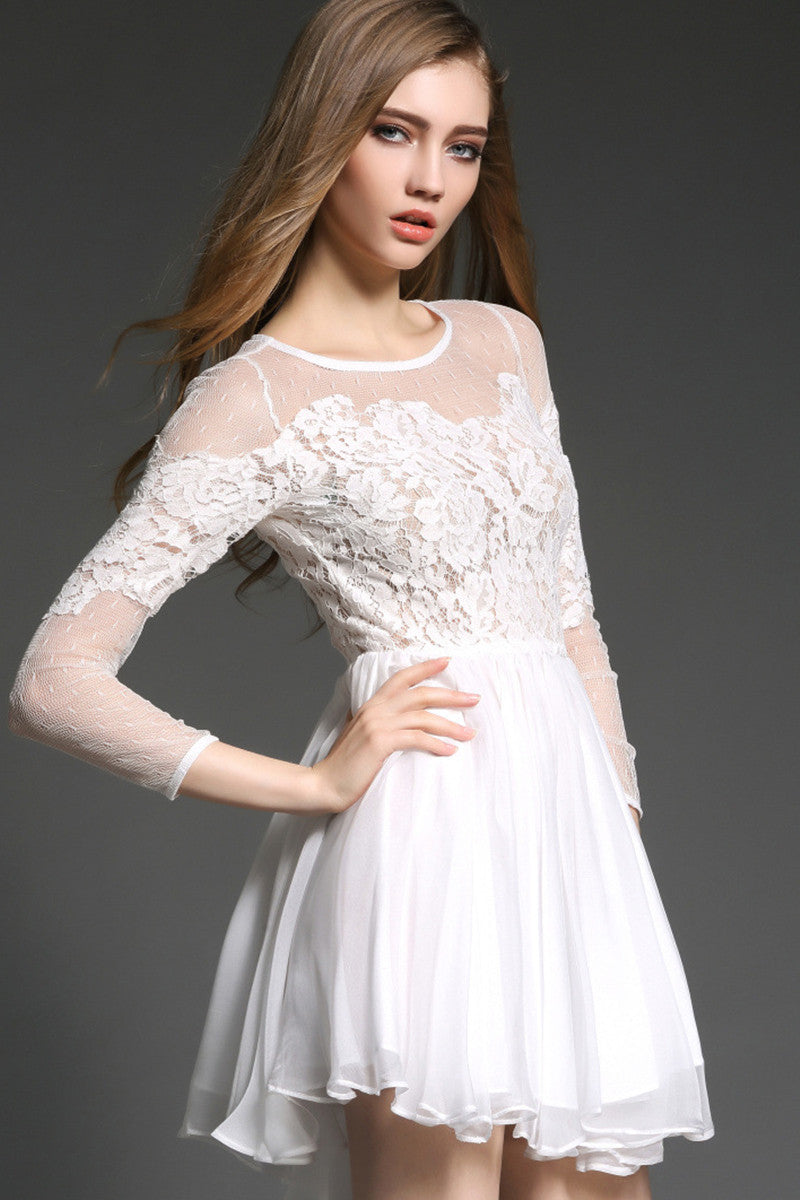 3/4 Sleeve Lace Illusion Lace Fit-and-Flare Dress