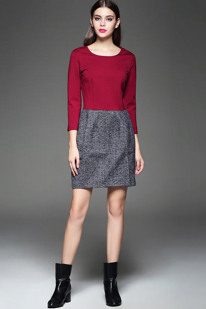 WOMNE'S WEAR TO WORK SLIM ROUND NECK LONG SLEEVE VINTAGE SHORT DRESS