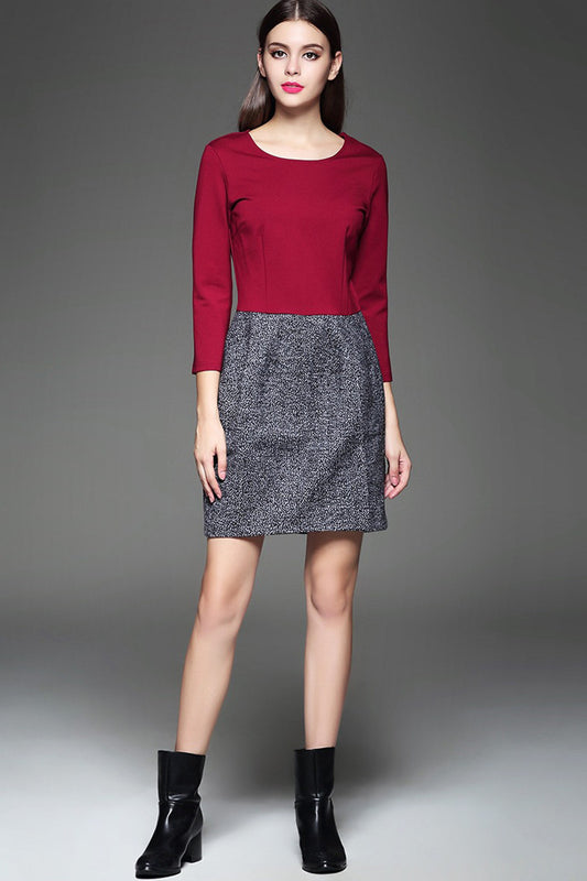 WOMNE'S WEAR TO WORK SLIM ROUND NECK LONG SLEEVE VINTAGE SHORT DRESS