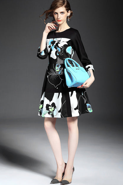 WOMEN'S PRINT AND FLORAL A-LINE SLIM 3/4 SLEEVE DRESS