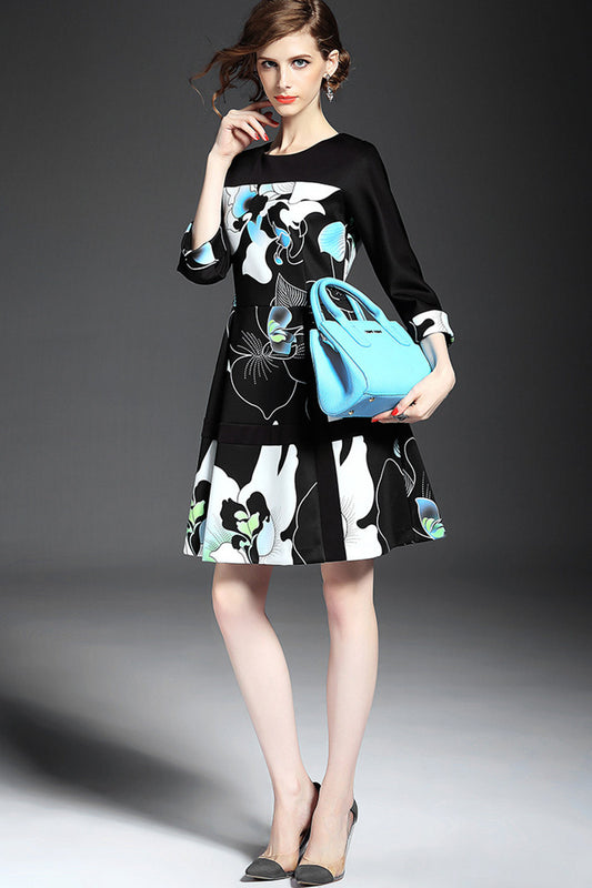 WOMEN'S PRINT AND FLORAL A-LINE SLIM 3/4 SLEEVE DRESS