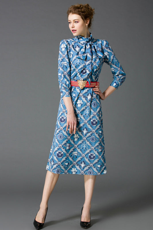 women's elegant casual print and floral stand collar 3/4 sleeve midi dress
