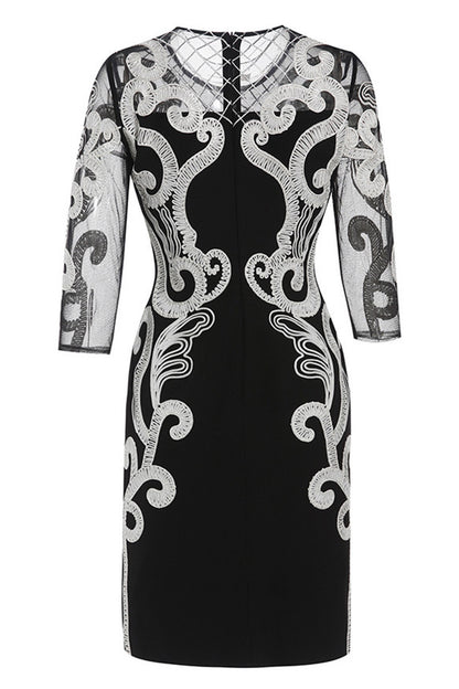Round Collar Sheer Mesh 3/4Sleeve Embroidery Dress