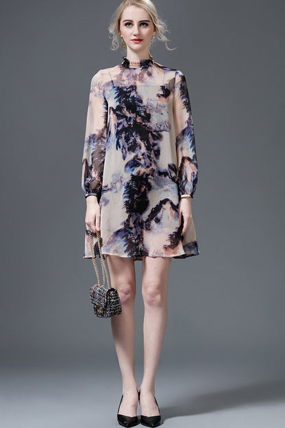 Stand Collar Puff Pattern Print  Sleeve Loose  Dress