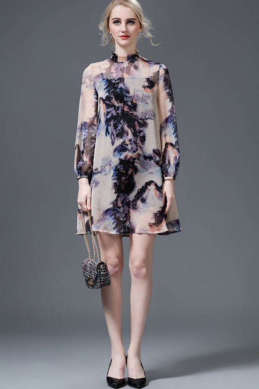 Stand Collar Puff Pattern Print  Sleeve Loose  Dress