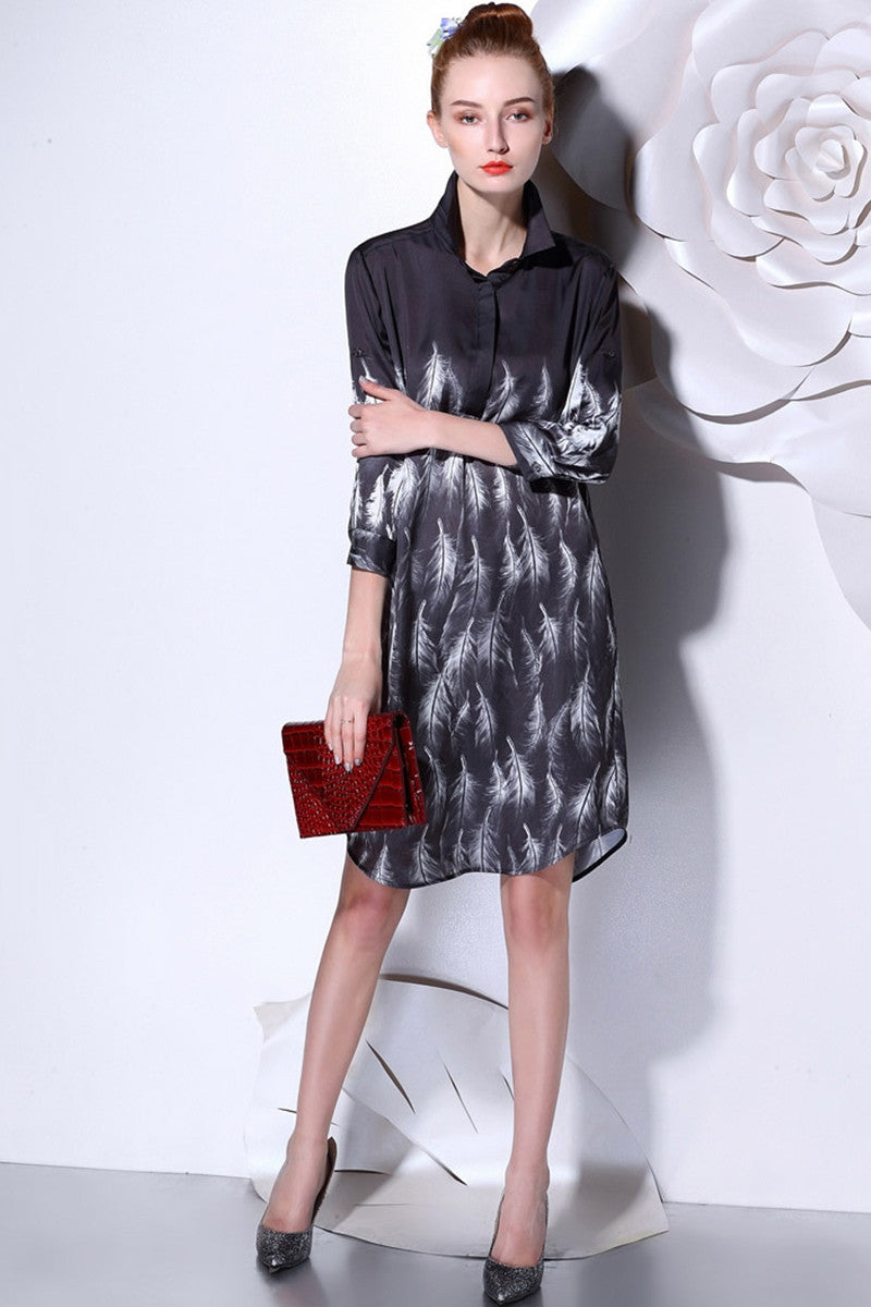 Lapel Loose Plumage Pattern Short Sleeve Short Dress