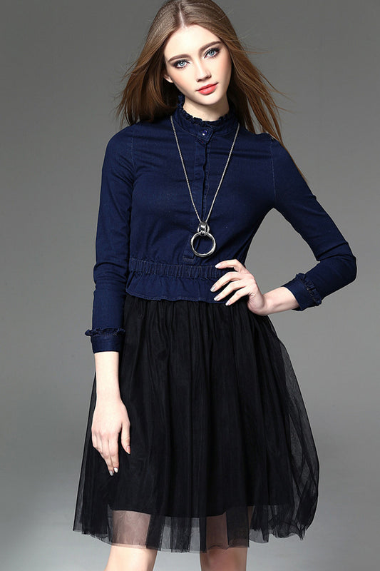 Women's Stand Collar Grace Wear to Work 9 Sleeve Mini Dress
