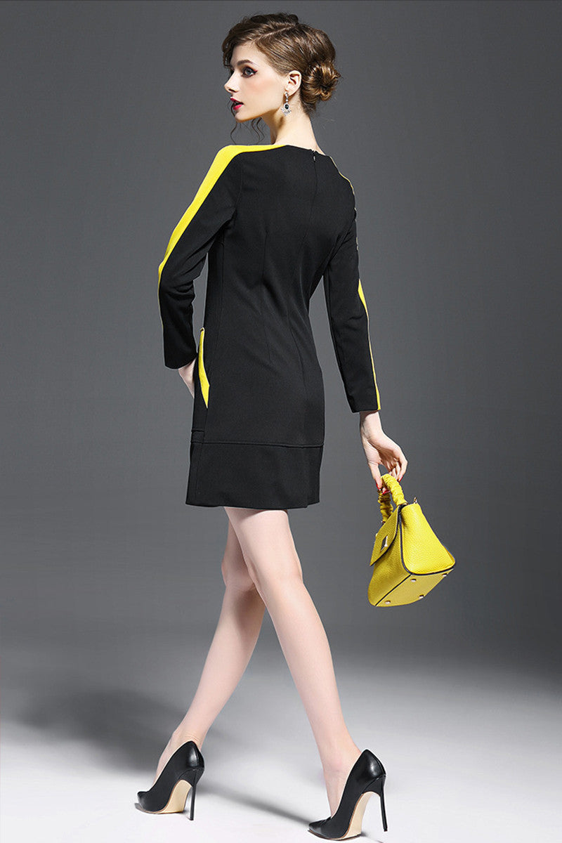 Scoop V-neck  Color Block  Front Pockets Slim Dress - NJOYDRESS - 2