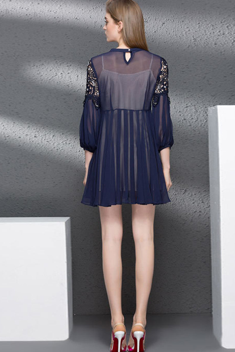Casual 3/4 Sleeve Embroidery High Waist Pleated Skirt