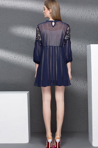 Casual 3/4 Sleeve Embroidery High Waist Pleated Skirt