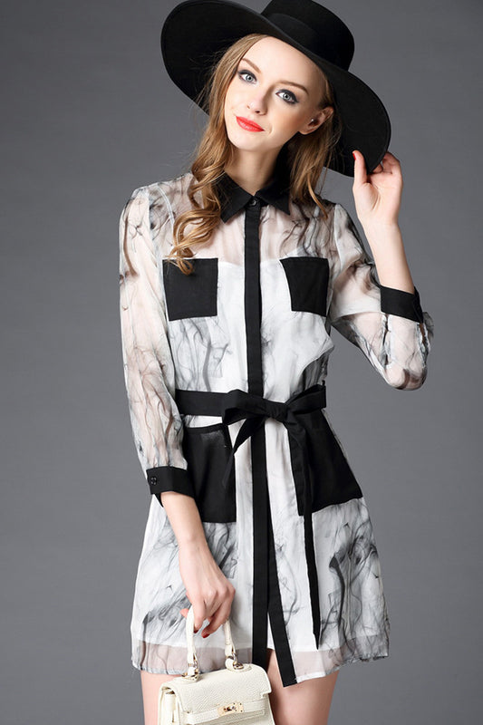 WOMEN'S GRACE POLO NECK 3/4 SLEEVE PRINTING DRESS WITH BELT FOR SUMMER