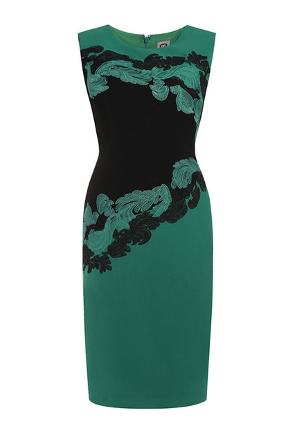 Round Collar Sleeveless Floral Embroidery Slim Dress