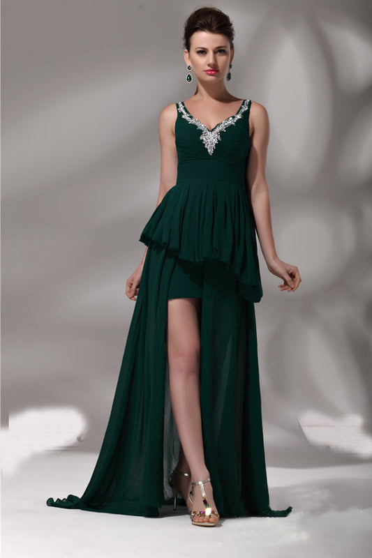 Deep V Neck Bling Beaded  Flare Hem  High Split Gown Spaghetti Dress