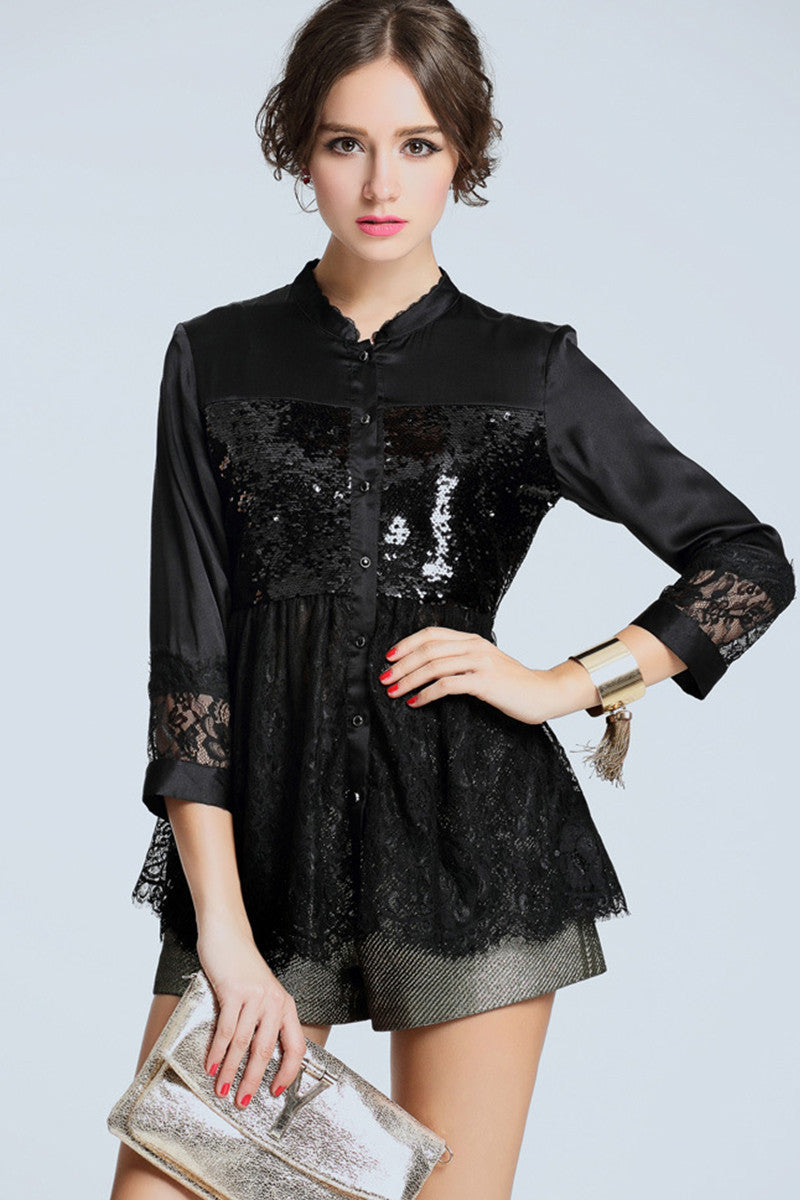 V Neck Sigle Breasted Sequin Hollow Out Lace Blouse