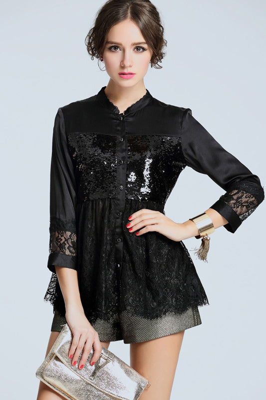 V Neck Sigle Breasted Sequin Hollow Out Lace Blouse