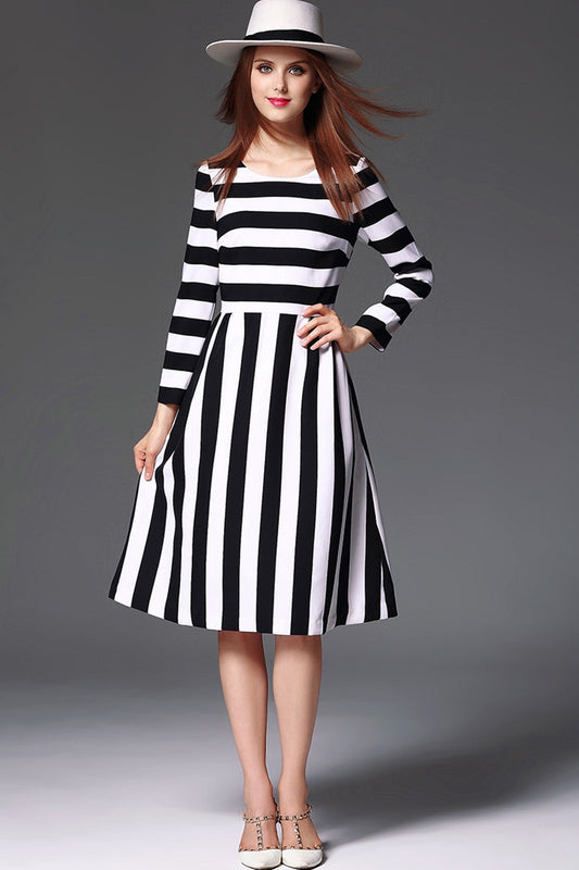 Women's Slim Boat Neck Striped 9 Sleeve Elegant Dress
