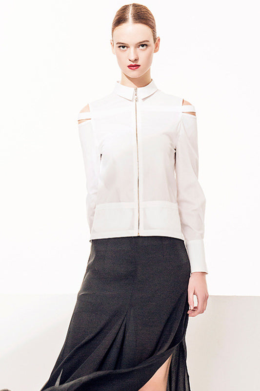 Lapel Neck Cut-Out And Open Shoulder Blouse With Zipper