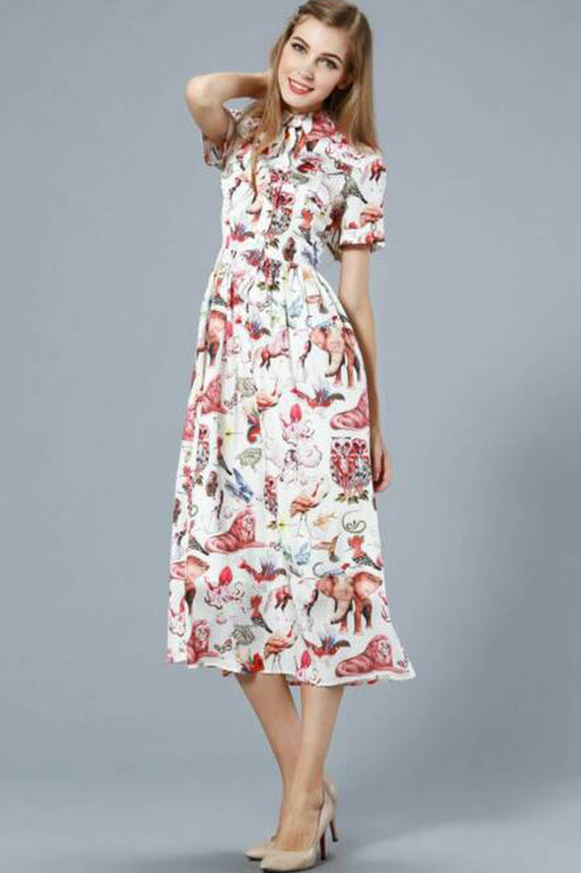 CASUAL ANIMAL PRINTING POLO NECK SHORT SLEEVE VACATION DRESS