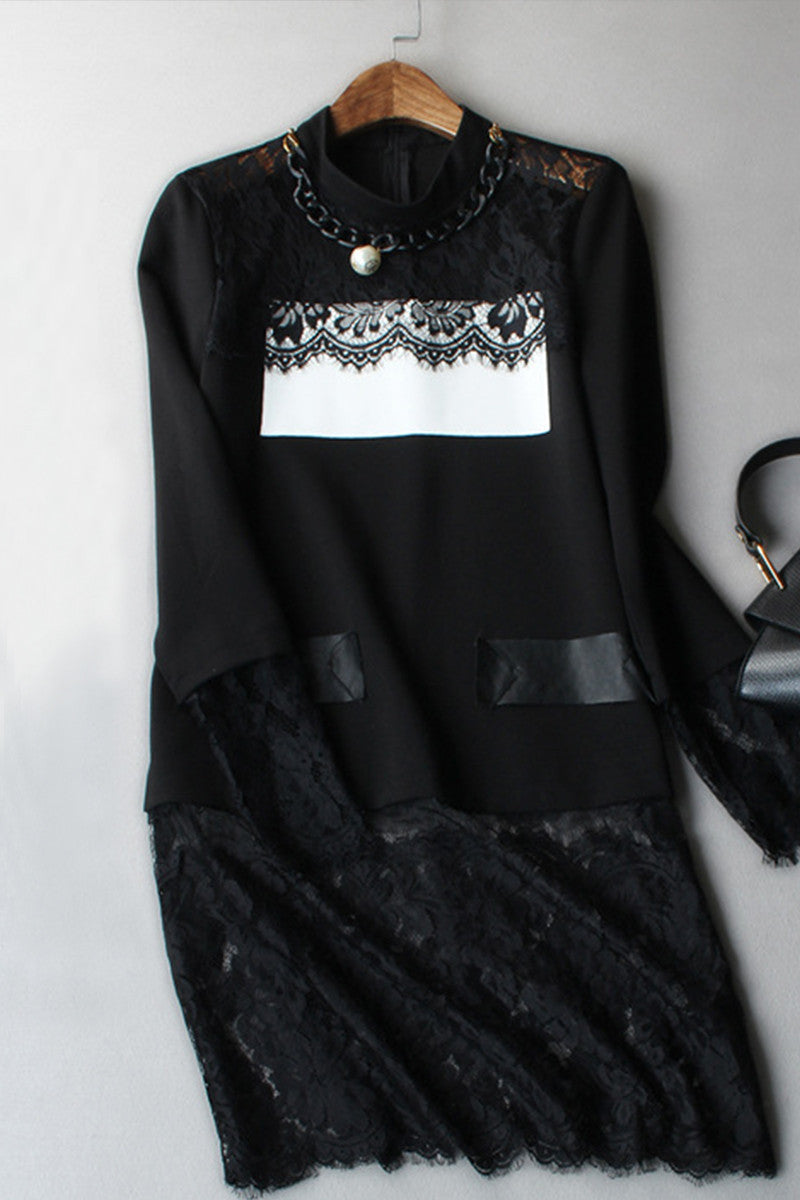 Stand Collar Lace Patch Dress With Necklace