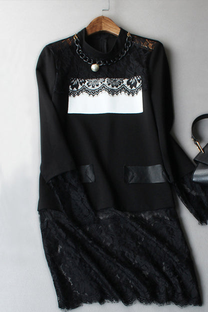Stand Collar Lace Patch Dress With Necklace