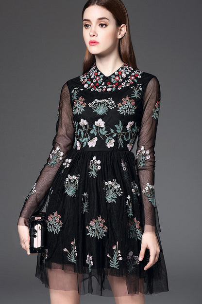 Lapel Neck Embroidered Flowers Sheer Mesh Dress