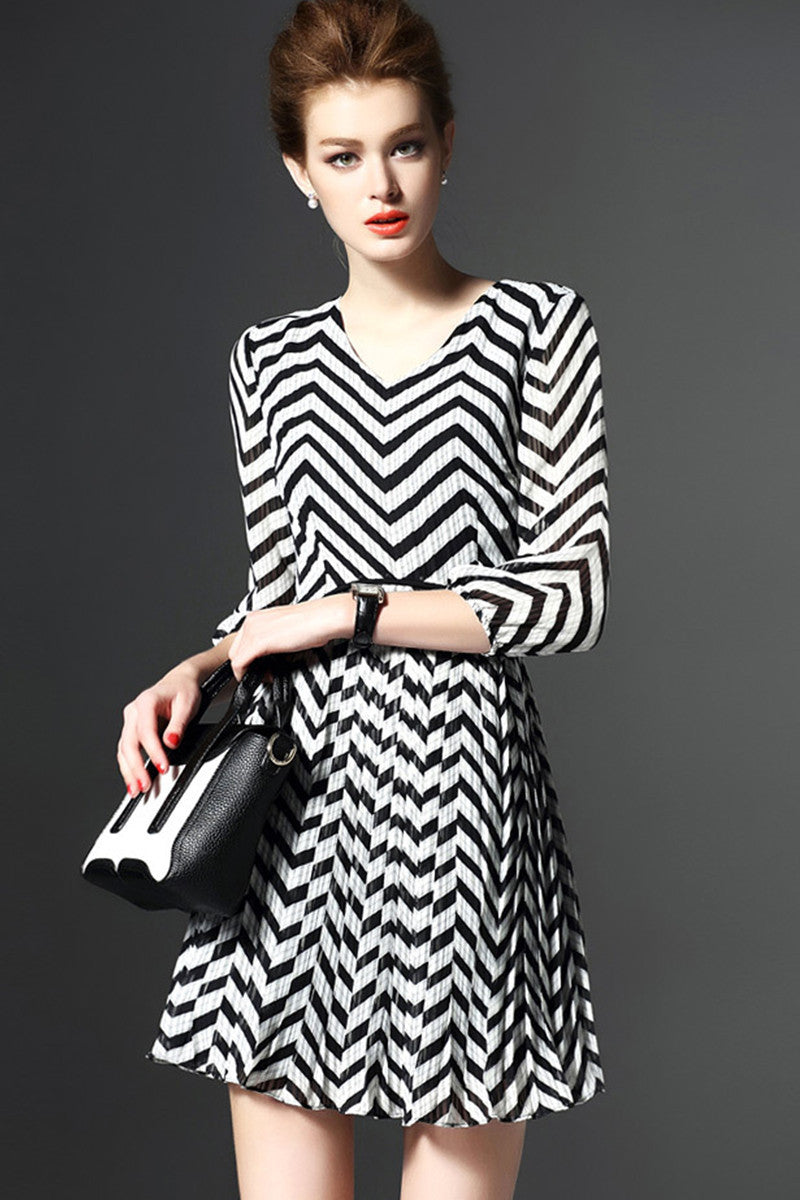 V Neck Loose Casual Stripe Formal Dress