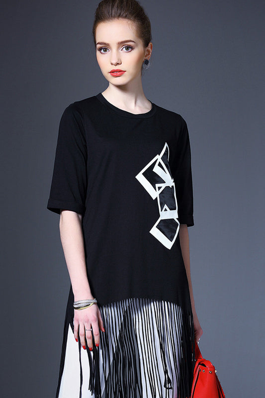 Casual Digital Printing Short Sleeve Tassls Long T-shirt