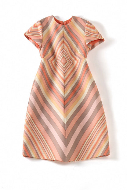 WOMEN'S ROUND NECK CAP SLEEVE DIGITAL STRIPE SHORT DRESS