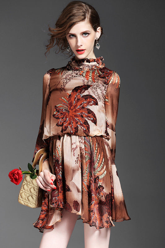 women's loose print and floral ruffle neck long sleeve dress