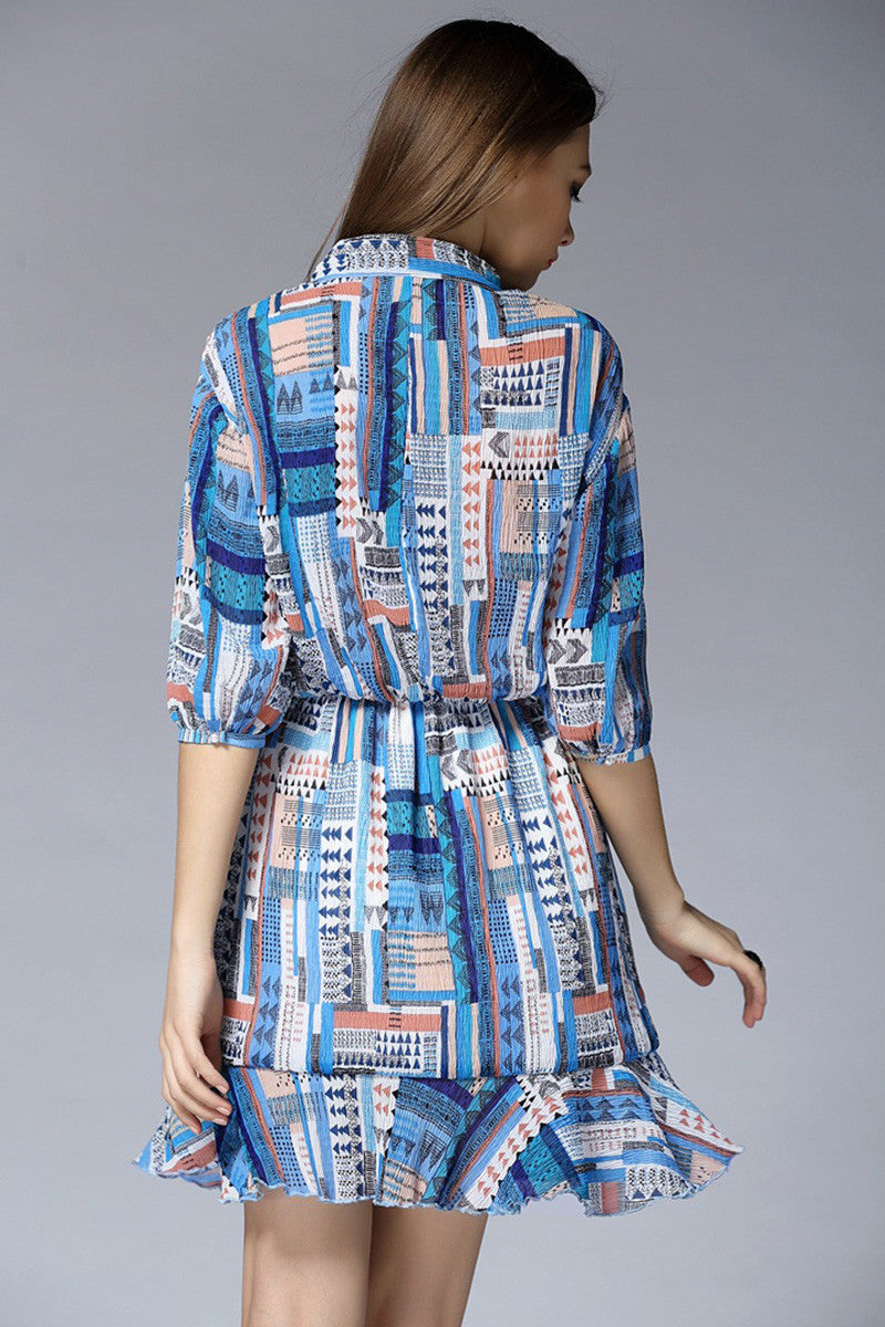 1/2 Sleeve Multi Printting Dress  With Bow Tie - NJOYDRESS - 3