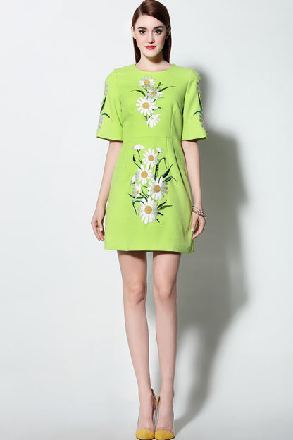 Fresh Apple Green Color High Waist With Floral Embroidered Short Cotail Dress
