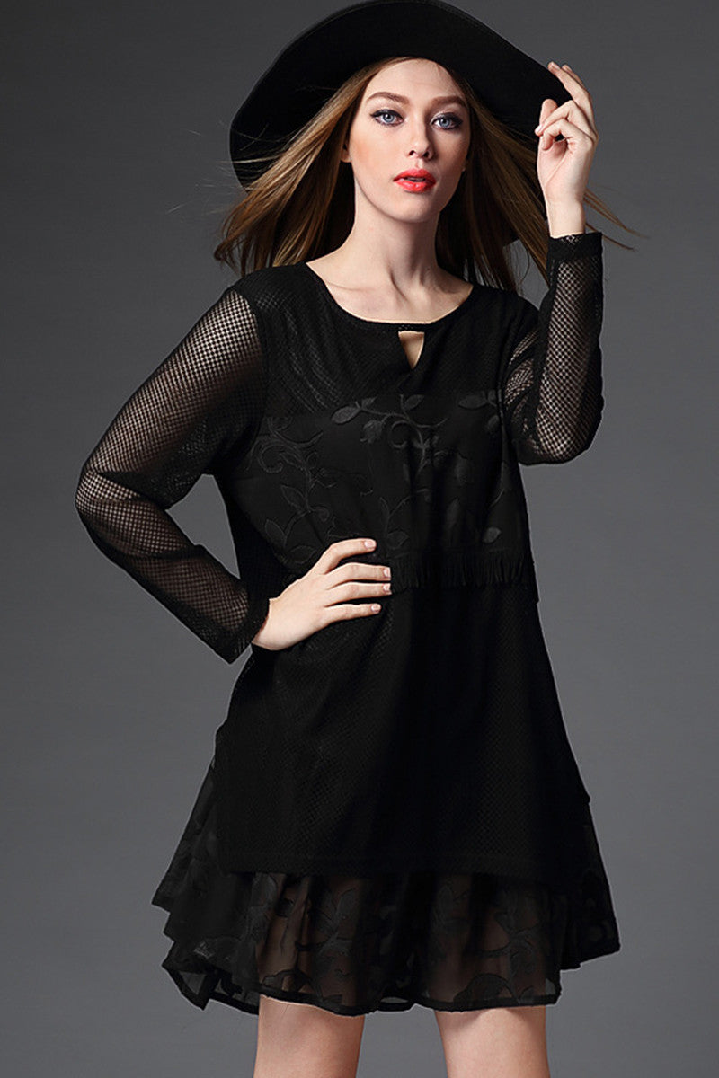 Round Collar Embroidery  Flare Hem Loose Plus-Size Dress - NJOYDRESS - 1