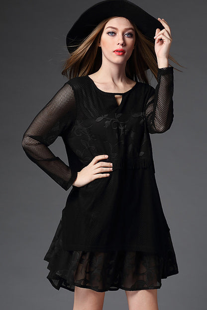 Round Collar Embroidery  Flare Hem Loose Plus-Size Dress - NJOYDRESS - 1