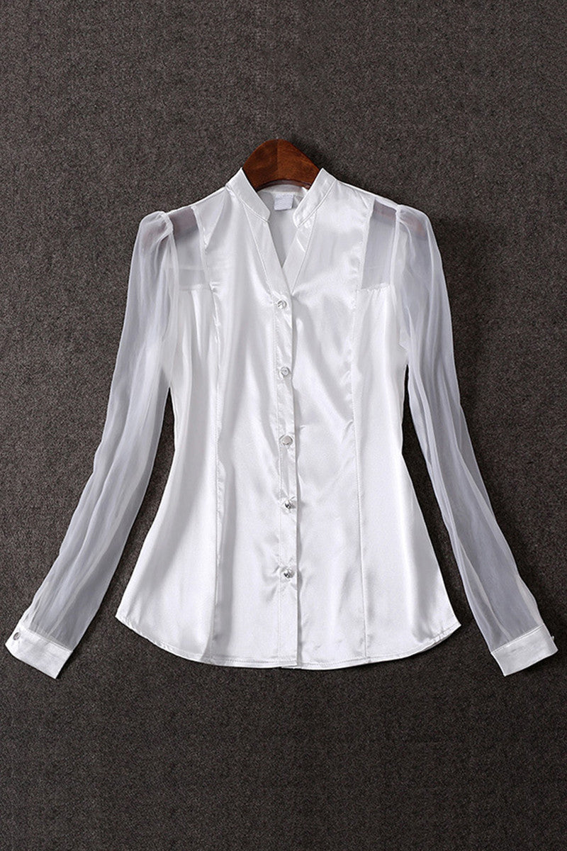 Stand Collar Sheer Mesh Sleeve Single Brested Blouse