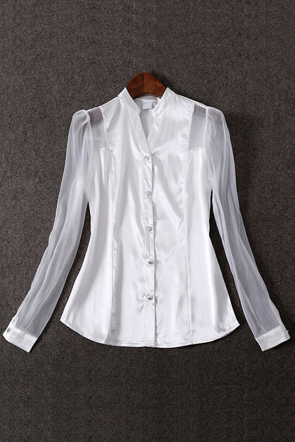 Stand Collar Sheer Mesh Sleeve Single Brested Blouse